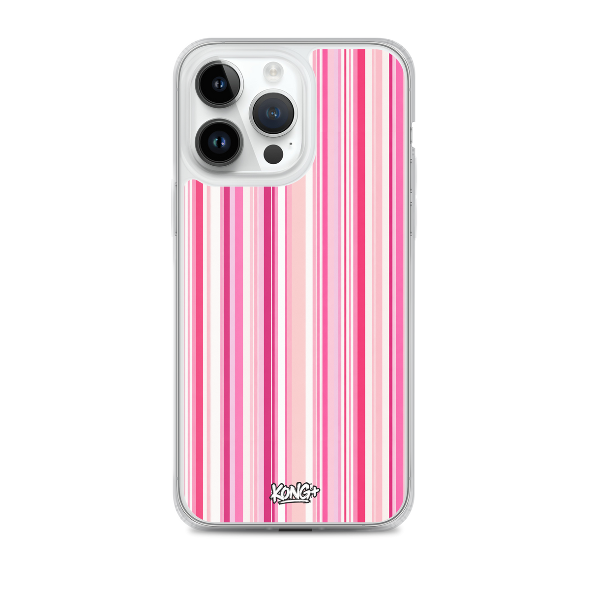 KONG+ Pink Rhythm striped iPhone case featuring blush pink, hot pink and white vertical stripes, shown on an iPhone with clear protective edges.