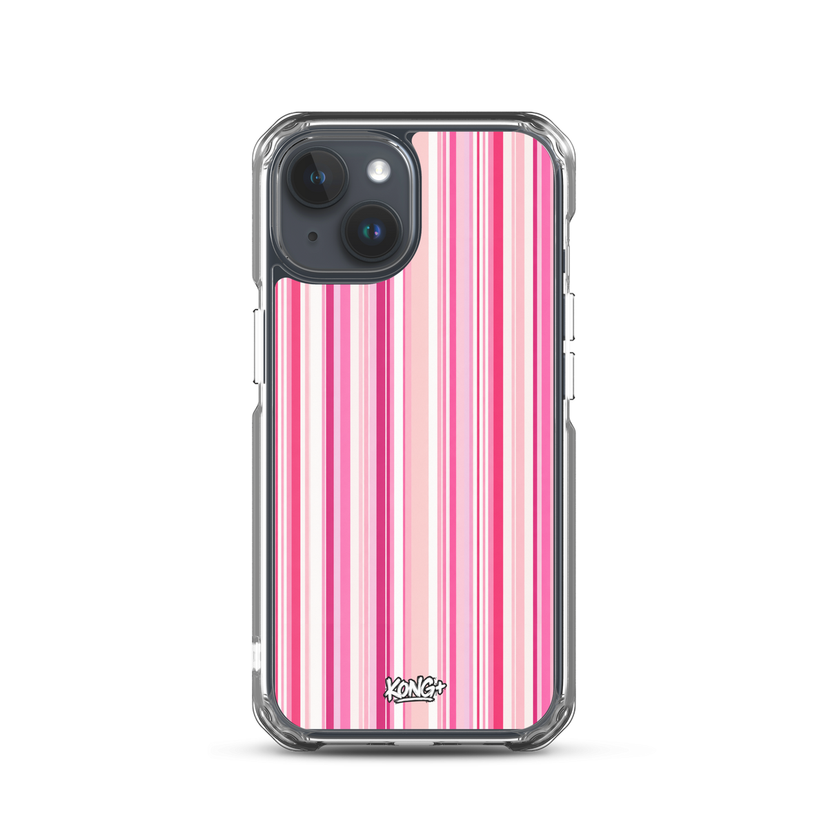 KONG+ Pink Rhythm striped iPhone case featuring blush pink, hot pink and white vertical stripes, shown on a black iPhone with clear protective edges.