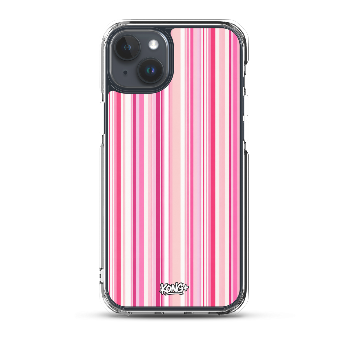KONG+ Pink Rhythm striped iPhone case featuring blush pink, hot pink and white vertical stripes, shown on a black iPhone with clear protective edges.