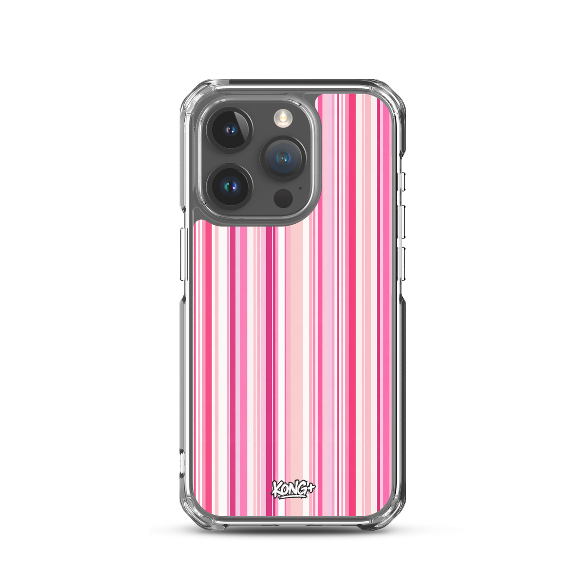 KONG+ Pink Rhythm striped iPhone case featuring blush pink, hot pink and white vertical stripes, shown on a black iPhone with clear protective edges.
