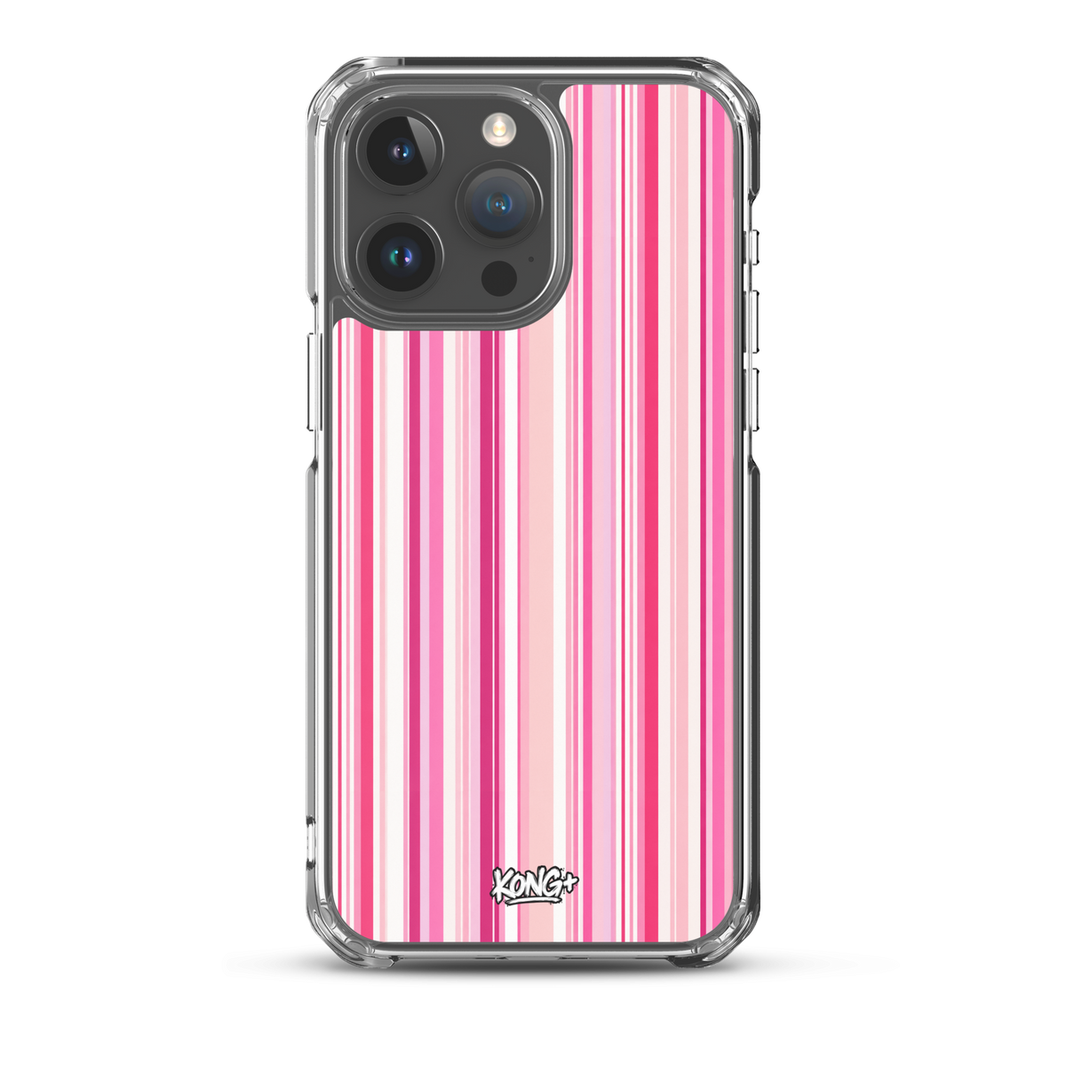 KONG+ Pink Rhythm striped iPhone case featuring blush pink, hot pink and white vertical stripes, shown on a black iPhone with clear protective edges.