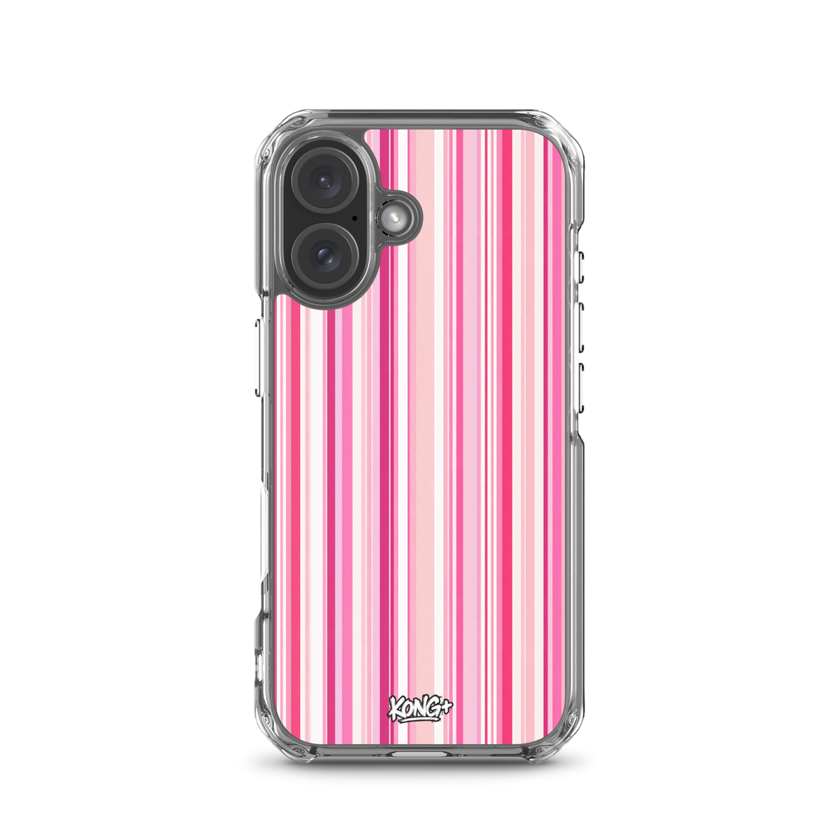 KONG+ Pink Rhythm striped iPhone case featuring blush pink, hot pink and white vertical stripes, shown on a black iPhone with clear protective edges.