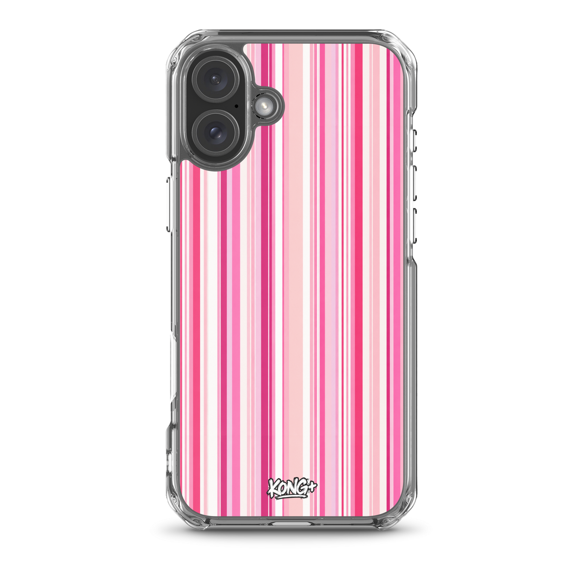 KONG+ Pink Rhythm striped iPhone case featuring blush pink, hot pink and white vertical stripes, shown on a black iPhone with clear protective edges.