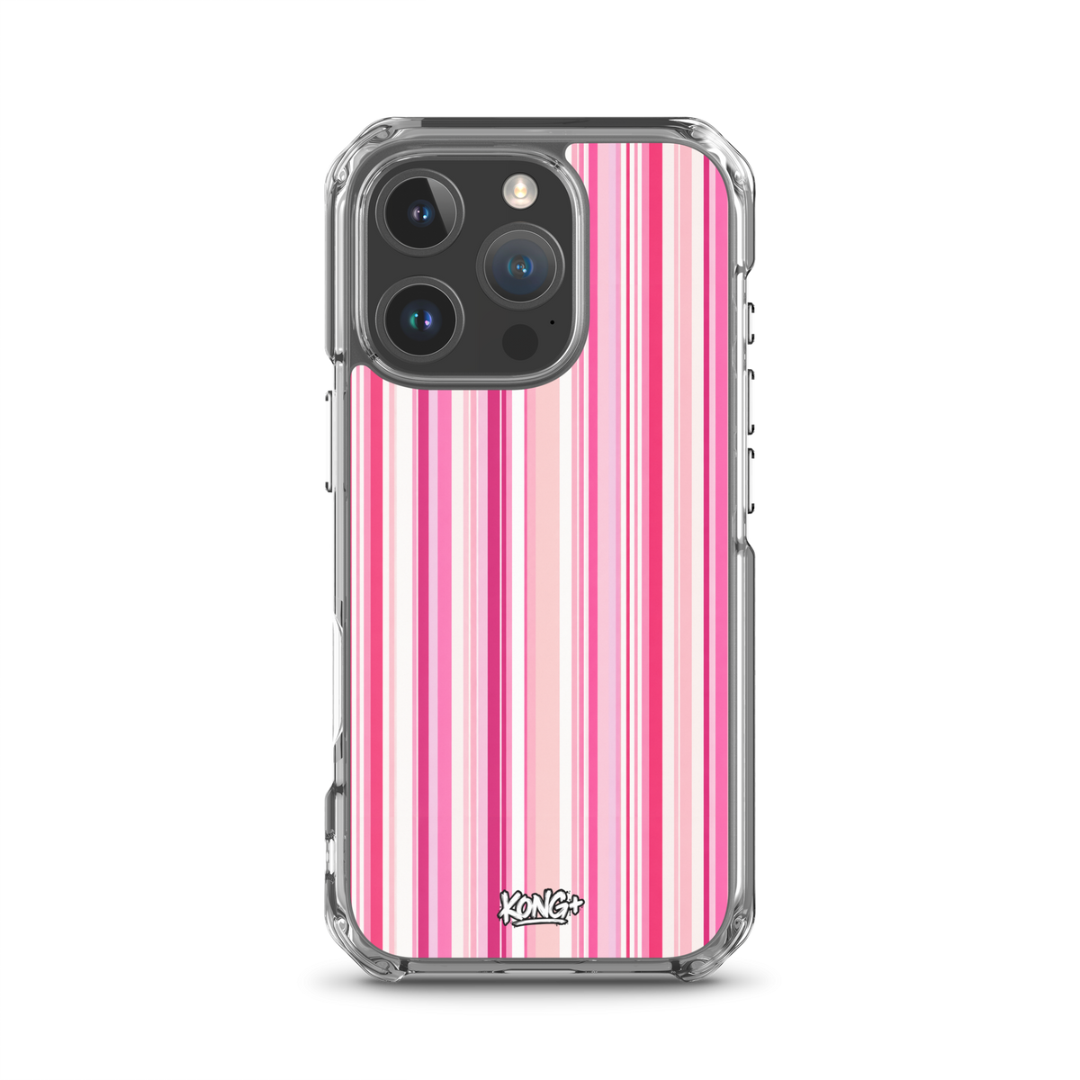 KONG+ Pink Rhythm striped iPhone case featuring blush pink, hot pink and white vertical stripes, shown on a black iPhone with clear protective edges.