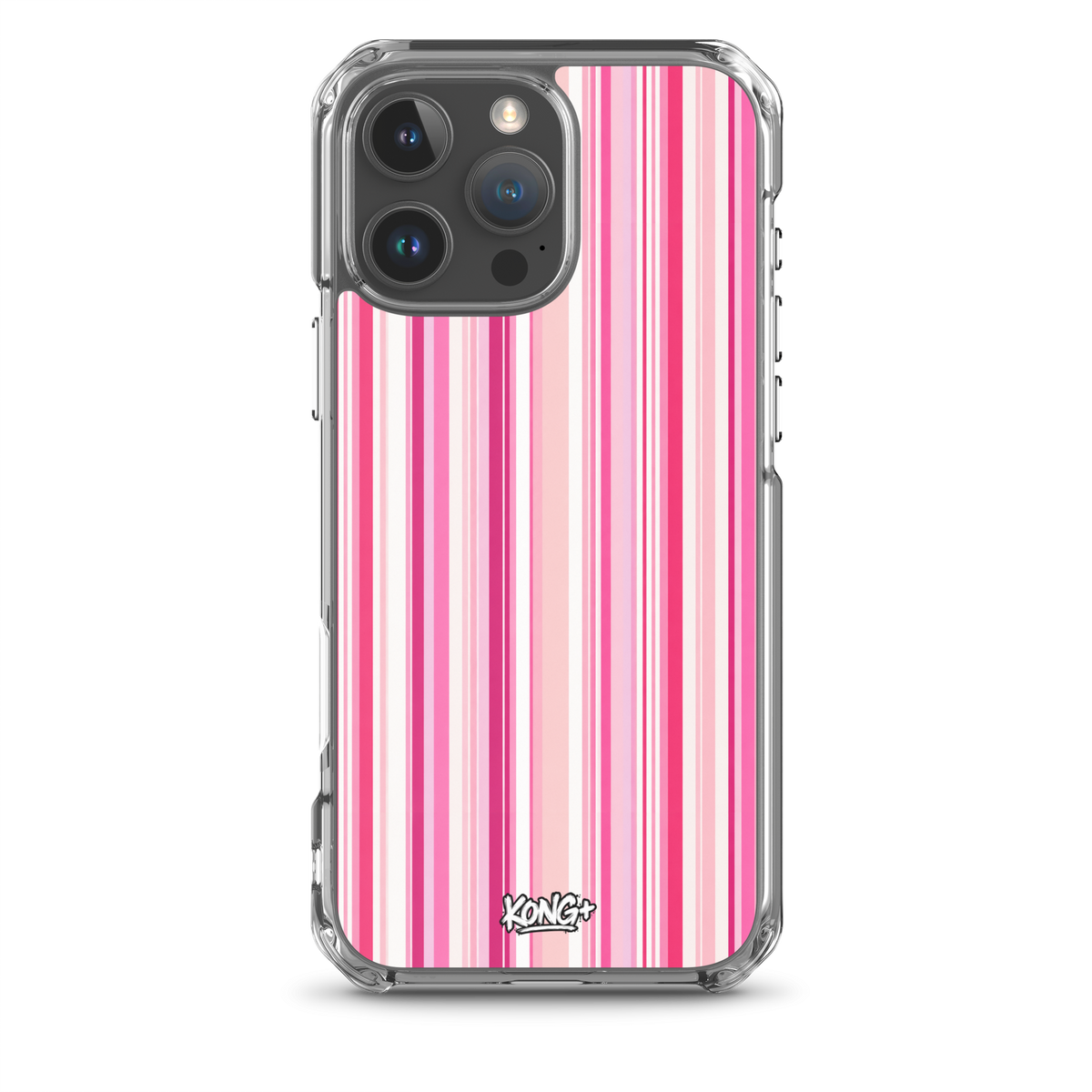 KONG+ Pink Rhythm striped iPhone case featuring blush pink, hot pink and white vertical stripes, shown on a black iPhone with clear protective edges.