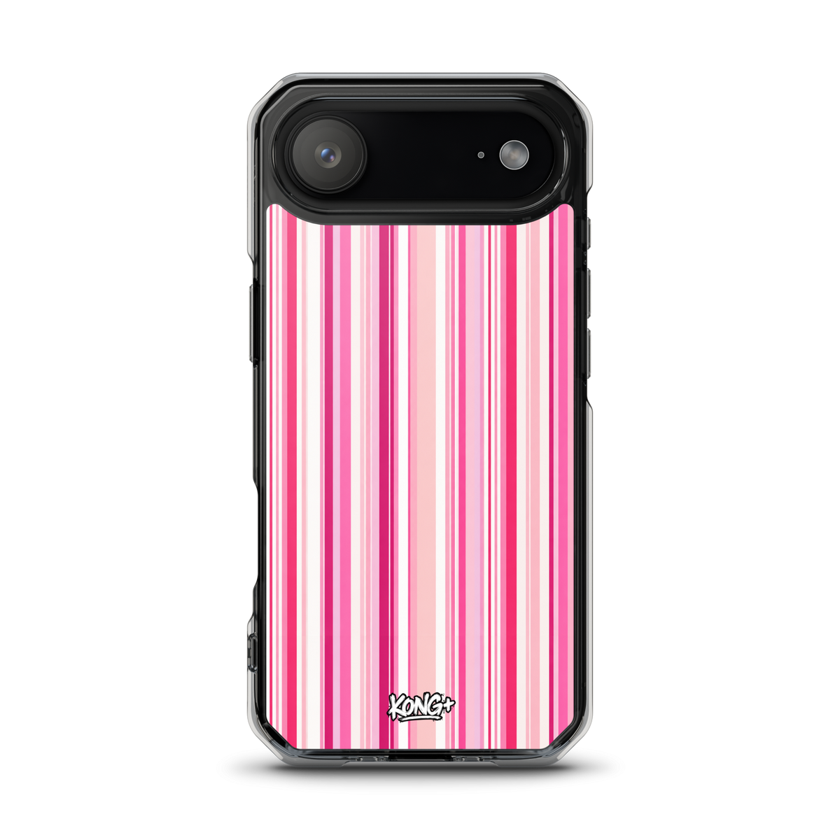 KONG+ Pink Rhythm striped iPhone case featuring blush pink, hot pink and white vertical stripes, shown on a black iPhone with clear protective edges.