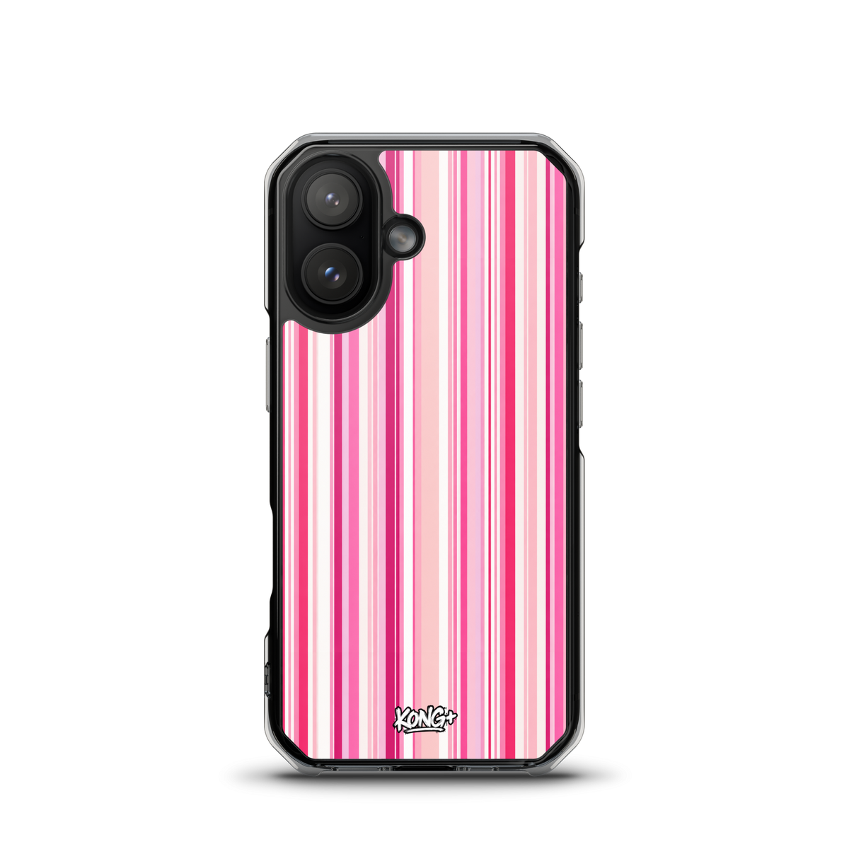KONG+ Pink Rhythm striped iPhone case featuring blush pink, hot pink and white vertical stripes, shown on a black iPhone with clear protective edges.