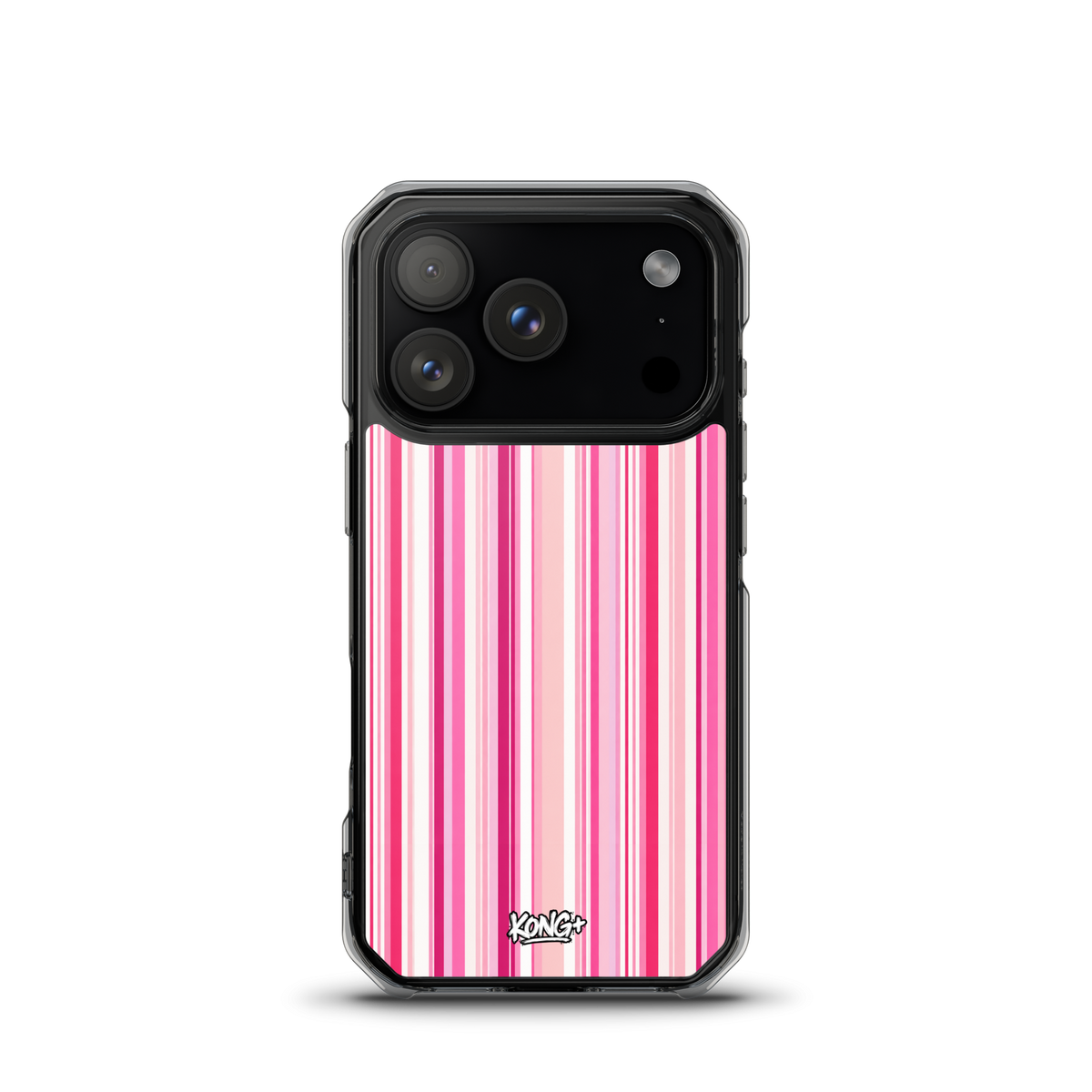 KONG+ Pink Rhythm striped iPhone case featuring blush pink, hot pink and white vertical stripes, shown on a black iPhone with clear protective edges.