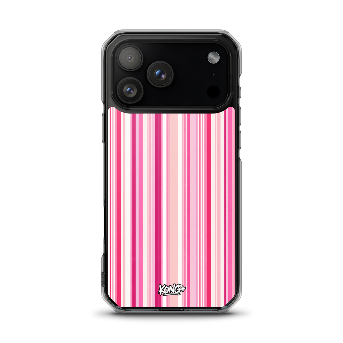 KONG+ Pink Rhythm striped iPhone case featuring blush pink, hot pink and white vertical stripes, shown on an iPhone with clear protective edges.