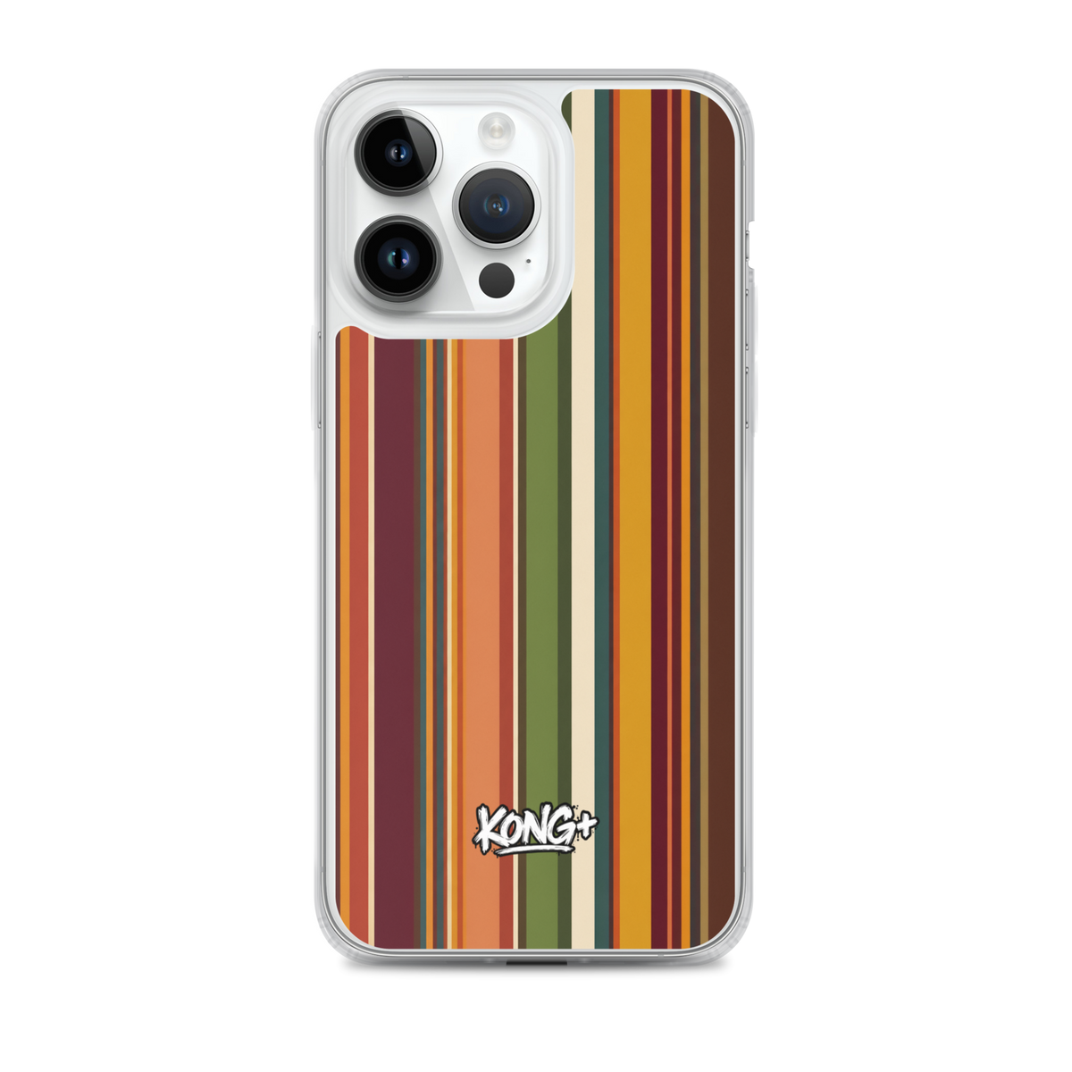 KONG+ Retro Sunset MagSafe iPhone case with vintage vertical stripes in burnt orange, burgundy, mustard yellow, olive green and cream, featuring a KONG+ logo.