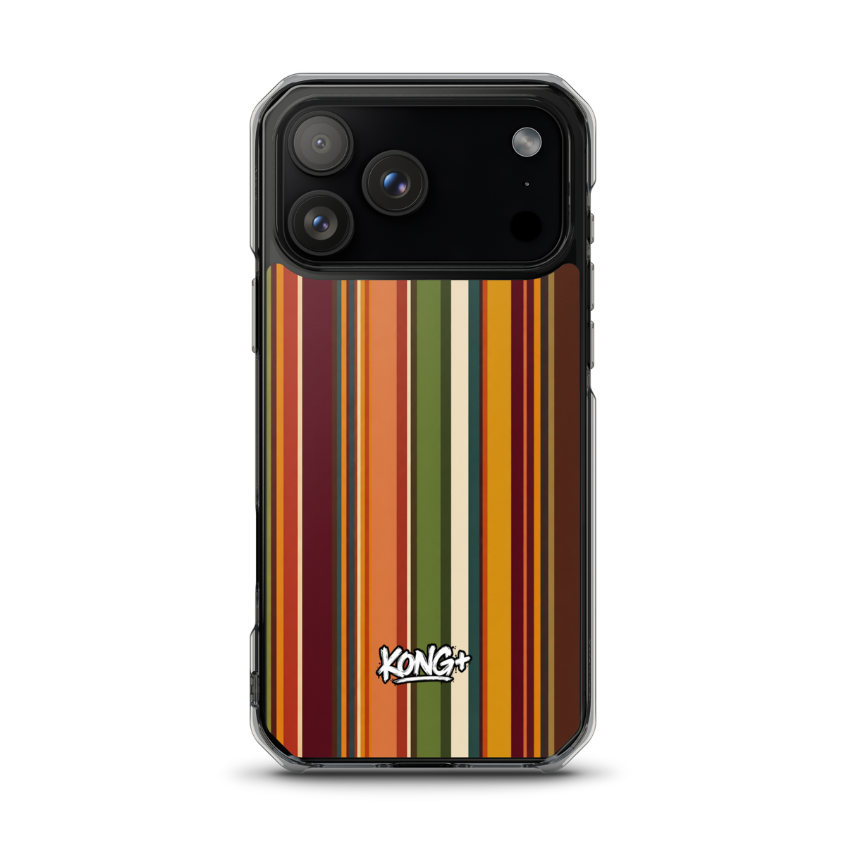 KONG+ Retro Sunset MagSafe iPhone case with vintage vertical stripes in burnt orange, burgundy, mustard yellow, olive green and cream, featuring a KONG+ logo.