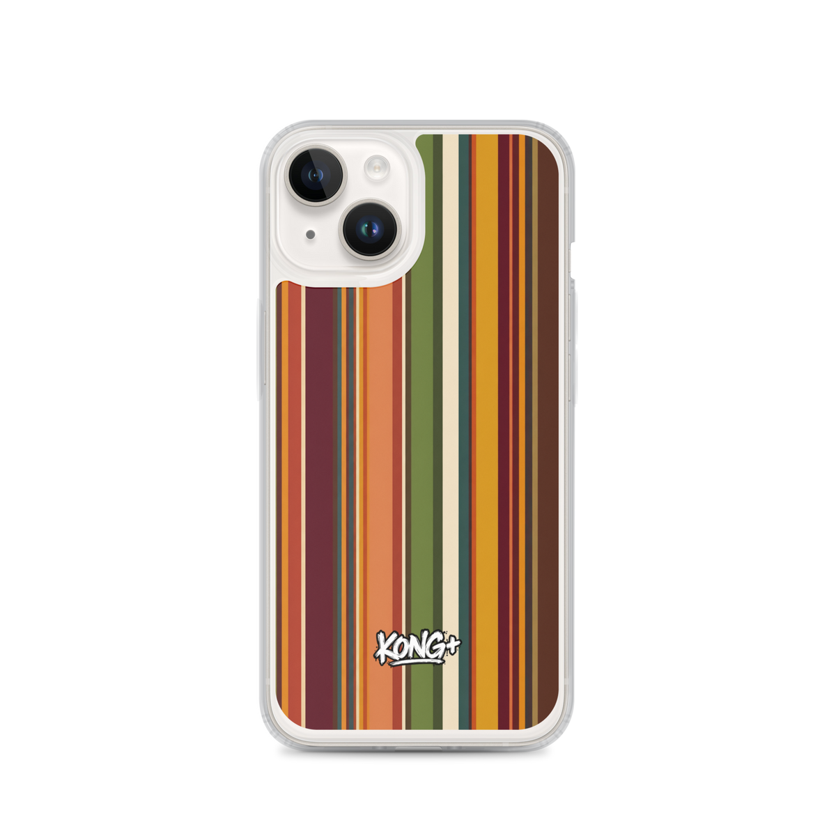 KONG+ Retro Sunset MagSafe iPhone case with vintage vertical stripes in burnt orange, burgundy, mustard yellow, olive green and cream, featuring a KONG+ logo.