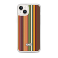 KONG+ Retro Sunset MagSafe iPhone case with vintage vertical stripes in burnt orange, burgundy, mustard yellow, olive green and cream, featuring a KONG+ logo.