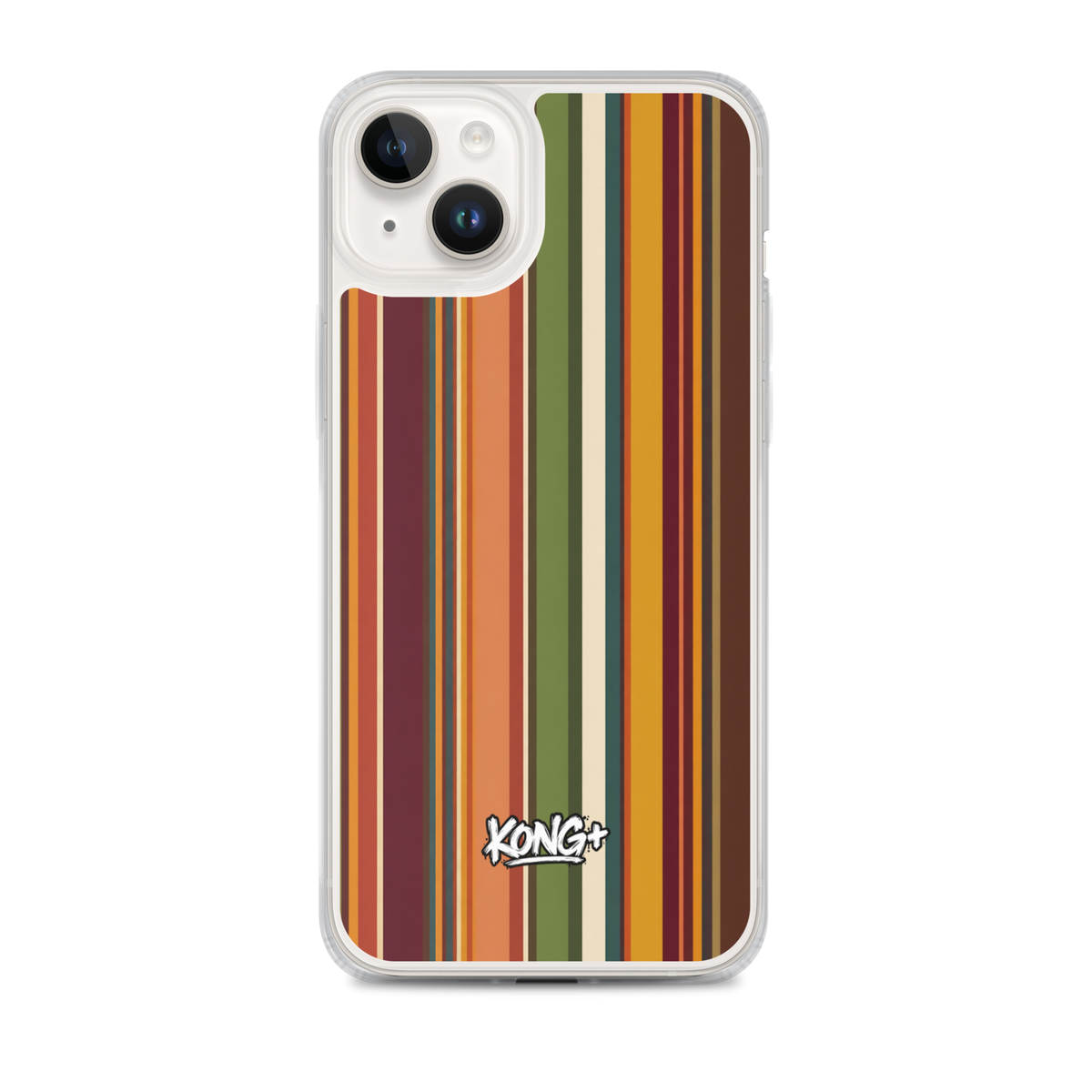 KONG+ Retro Sunset MagSafe iPhone case with vintage vertical stripes in burnt orange, burgundy, mustard yellow, olive green and cream, featuring a KONG+ logo.