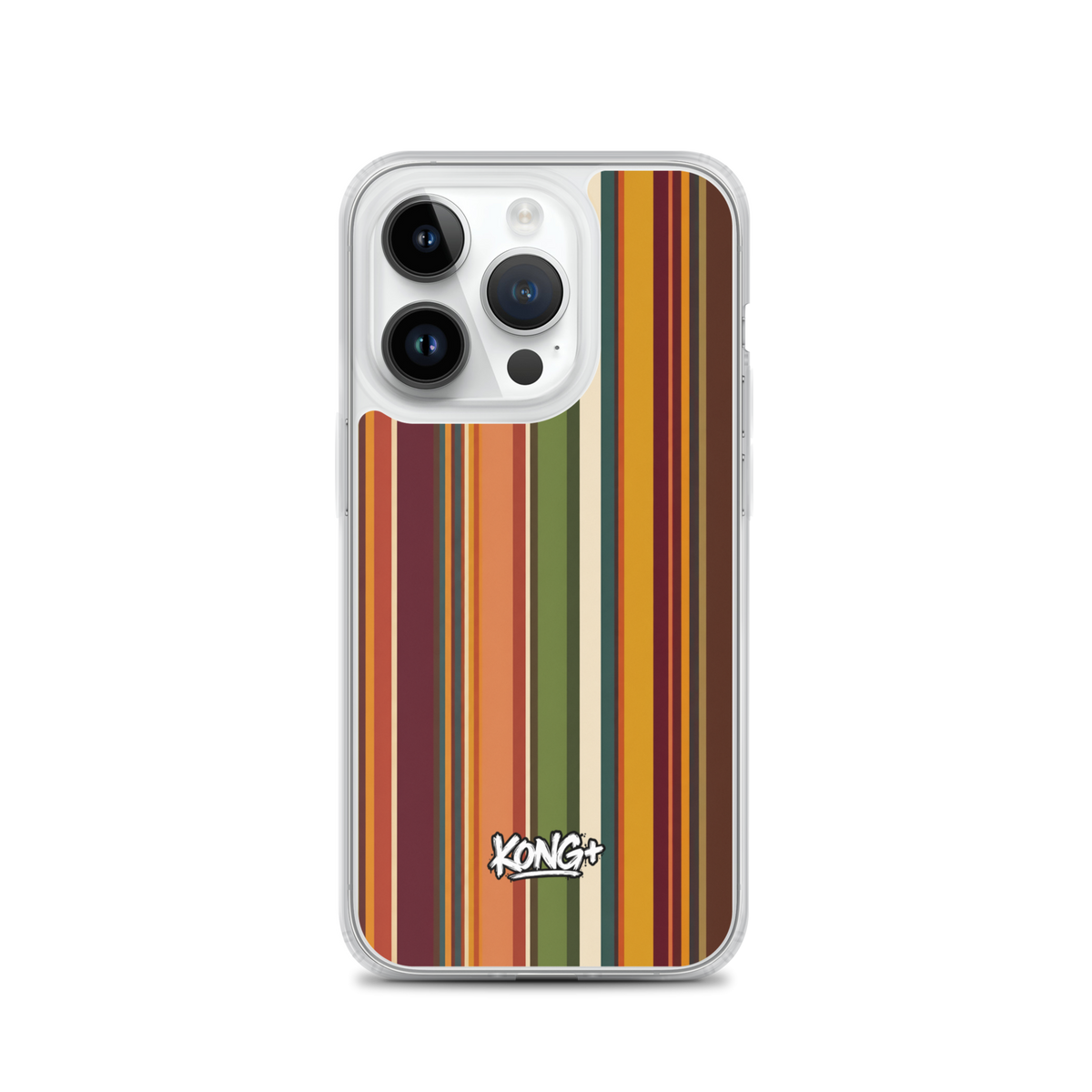 KONG+ Retro Sunset MagSafe iPhone case with vintage vertical stripes in burnt orange, burgundy, mustard yellow, olive green and cream, featuring a KONG+ logo.