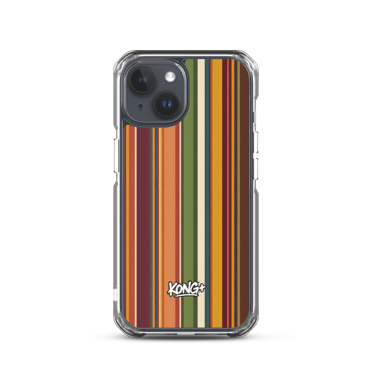 KONG+ Retro Sunset MagSafe iPhone case with vintage vertical stripes in burnt orange, burgundy, mustard yellow, olive green and cream, featuring a KONG+ logo.