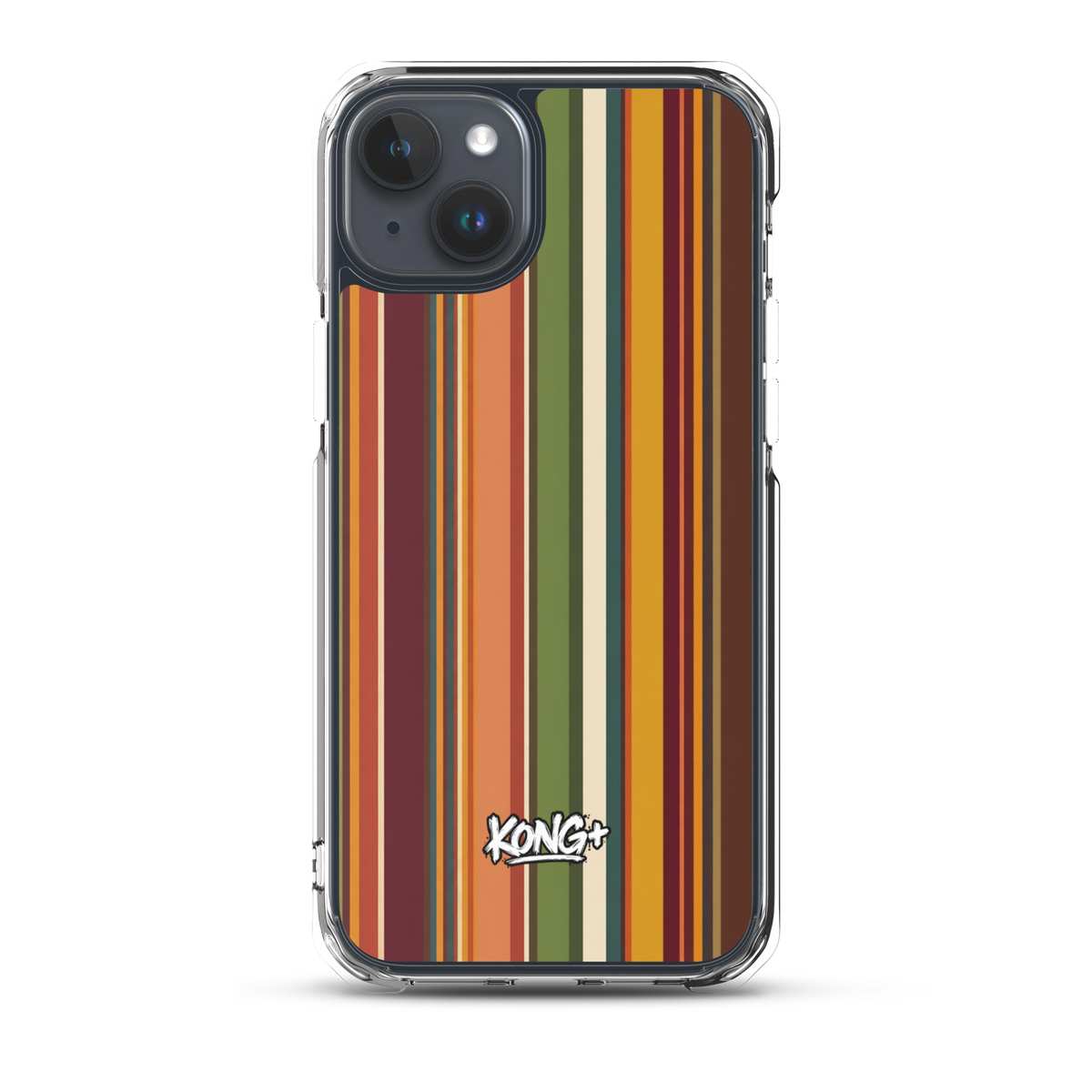 KONG+ Retro Sunset MagSafe iPhone case with vintage vertical stripes in burnt orange, burgundy, mustard yellow, olive green and cream, featuring a KONG+ logo.
