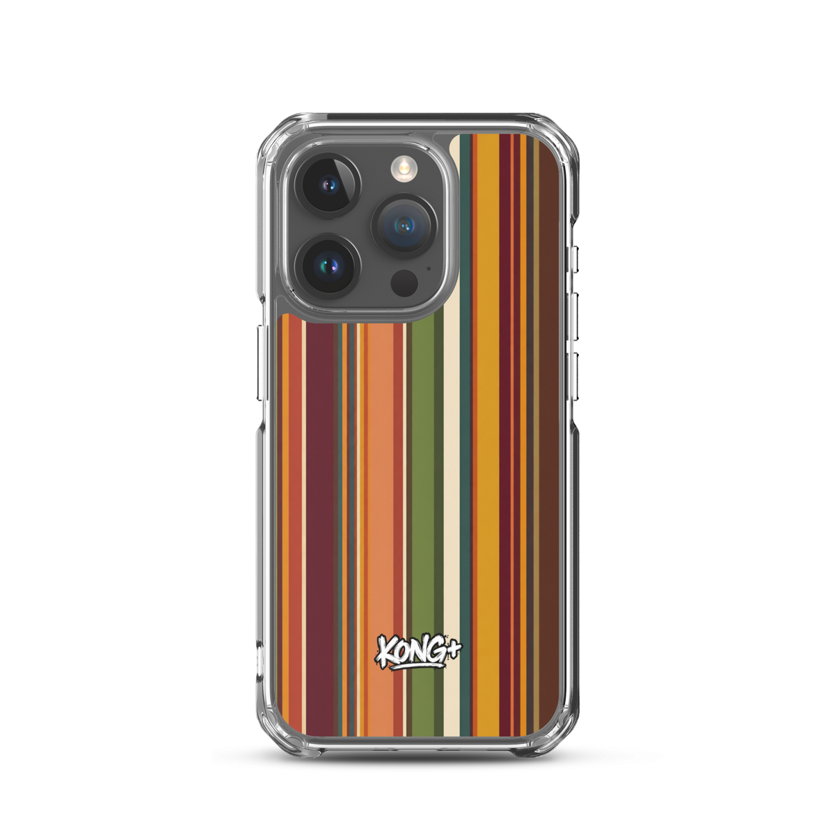 KONG+ Retro Sunset MagSafe iPhone case with vintage vertical stripes in burnt orange, burgundy, mustard yellow, olive green and cream, featuring a KONG+ logo.