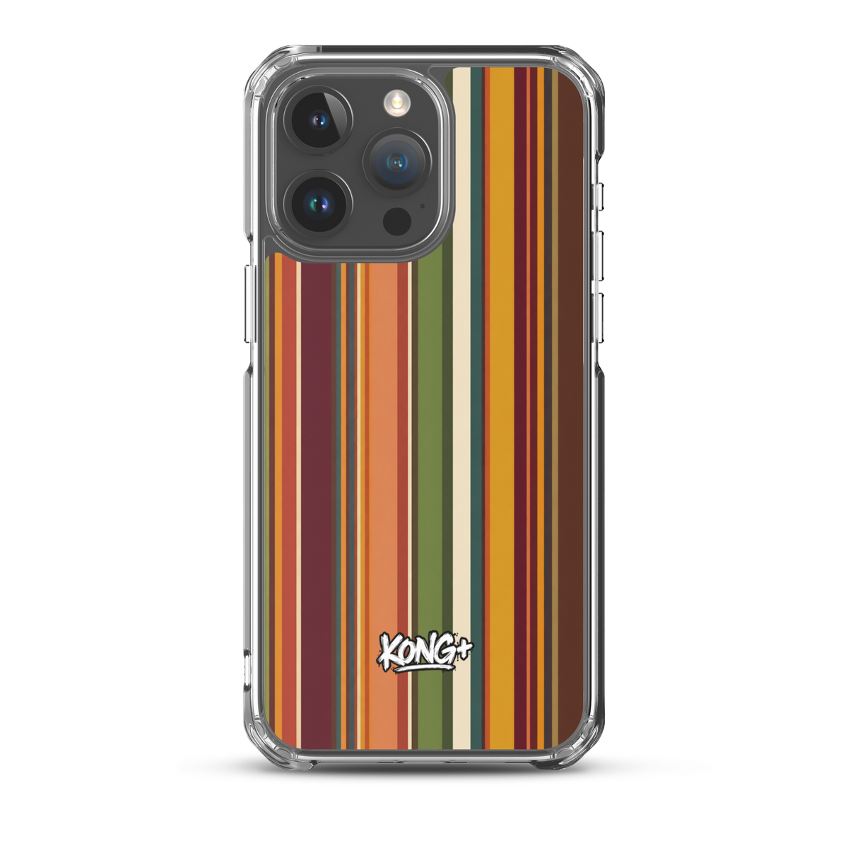 KONG+ Retro Sunset MagSafe iPhone case with vintage vertical stripes in burnt orange, burgundy, mustard yellow, olive green and cream, featuring a KONG+ logo.