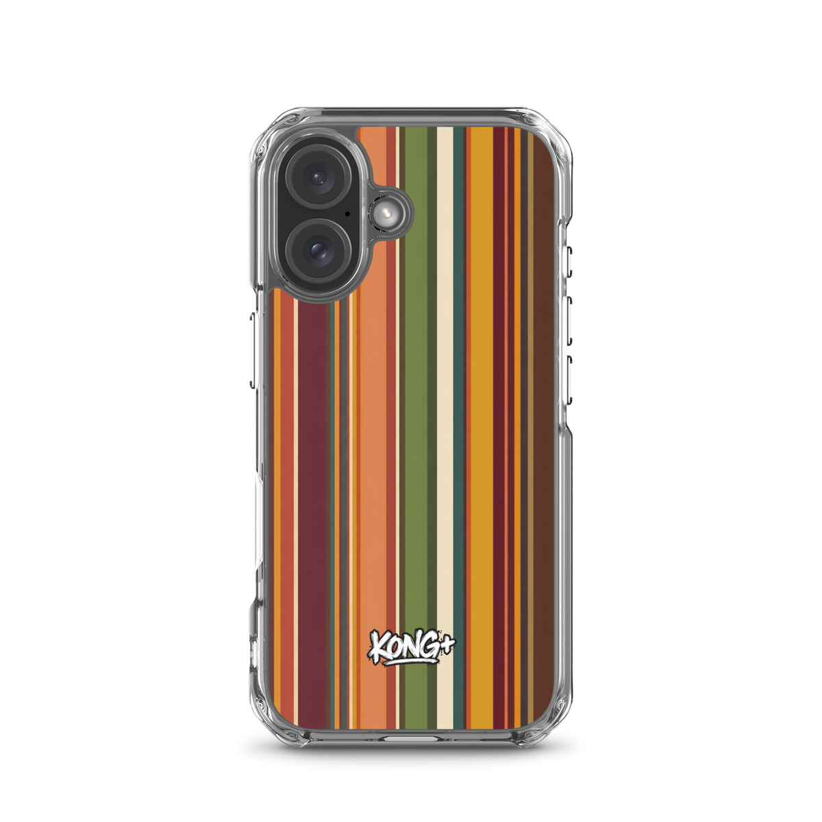 KONG+ Retro Sunset MagSafe iPhone case with vintage vertical stripes in burnt orange, burgundy, mustard yellow, olive green and cream, featuring a KONG+ logo.