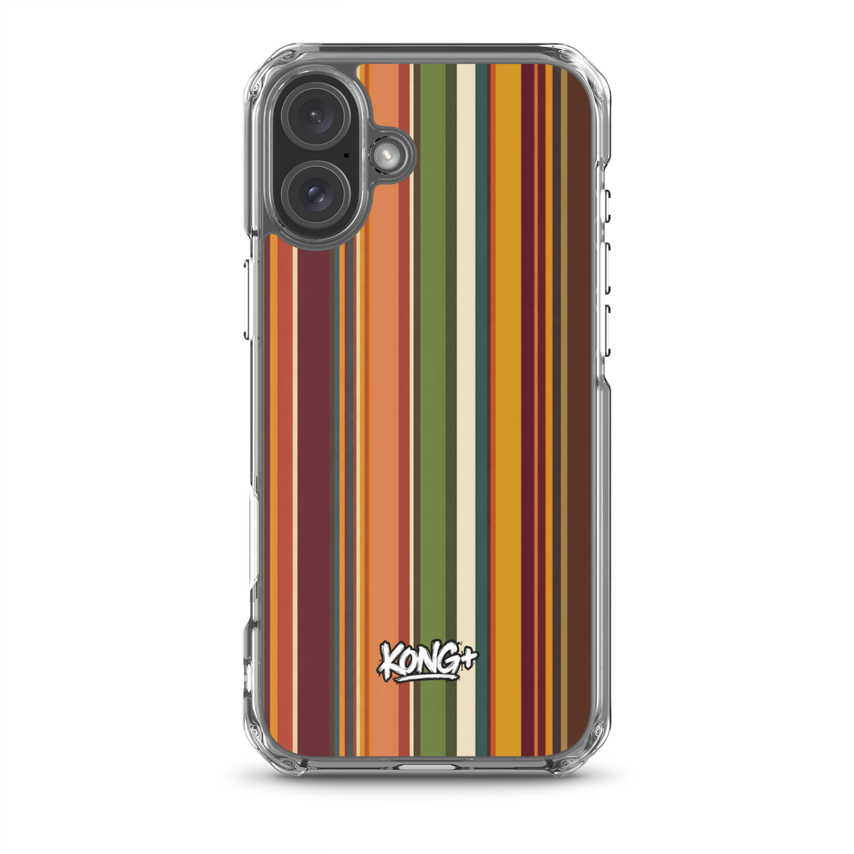 KONG+ Retro Sunset MagSafe iPhone case with vintage vertical stripes in burnt orange, burgundy, mustard yellow, olive green and cream, featuring a KONG+ logo.
