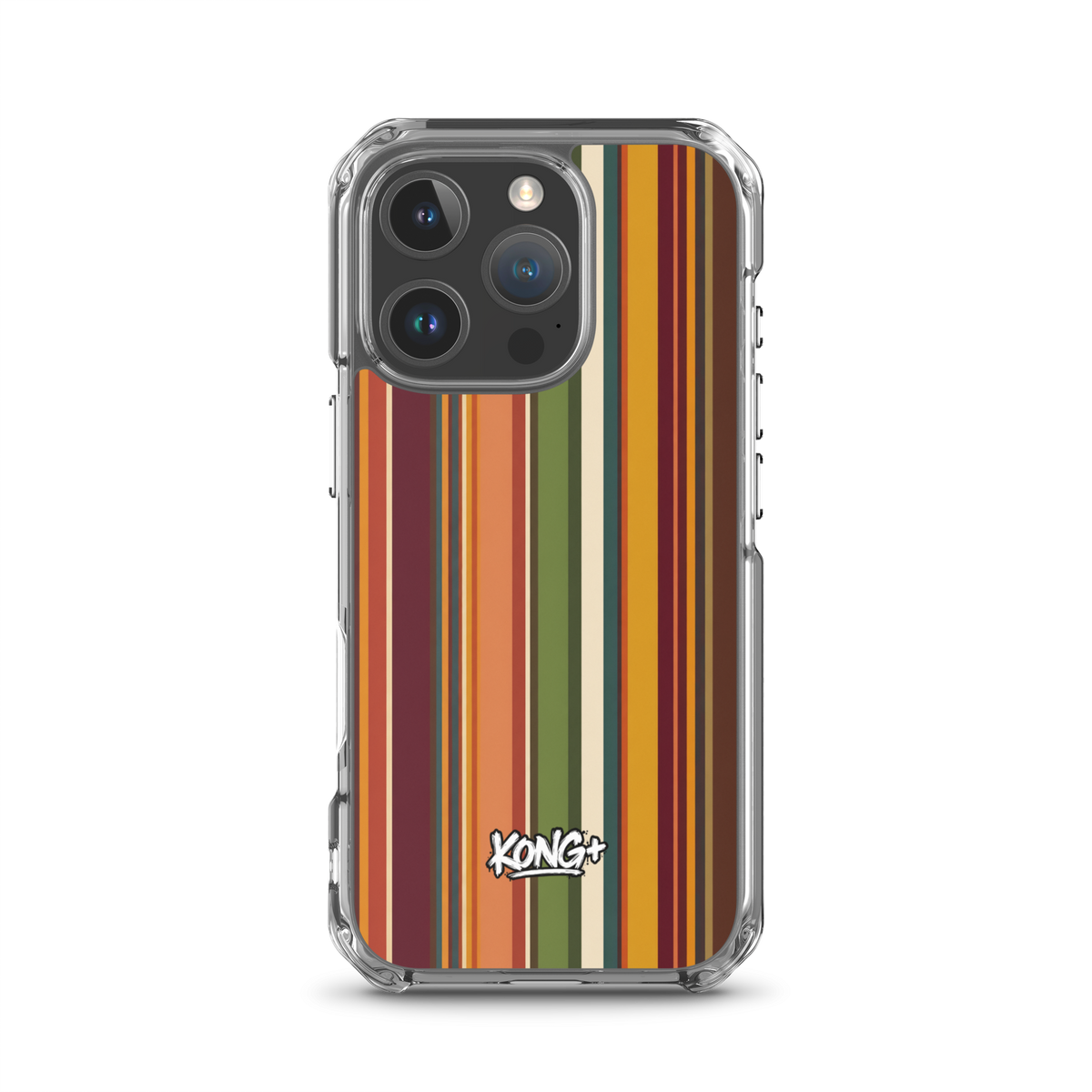 KONG+ Retro Sunset MagSafe iPhone case with vintage vertical stripes in burnt orange, burgundy, mustard yellow, olive green and cream, featuring a KONG+ logo.