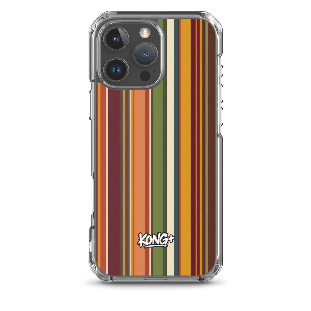 KONG+ Retro Sunset MagSafe iPhone case with vintage vertical stripes in burnt orange, burgundy, mustard yellow, olive green and cream, featuring a KONG+ logo.