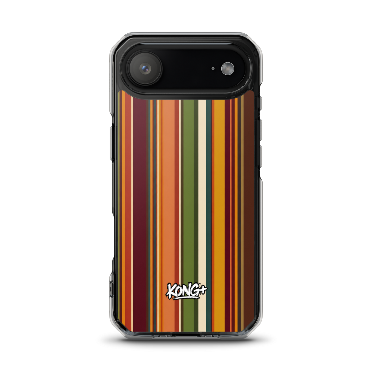 KONG+ Retro Sunset MagSafe iPhone case with vintage vertical stripes in burnt orange, burgundy, mustard yellow, olive green and cream, featuring a KONG+ logo.