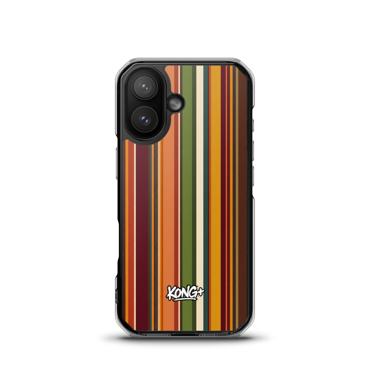 KONG+ Retro Sunset MagSafe iPhone case with vintage vertical stripes in burnt orange, burgundy, mustard yellow, olive green and cream, featuring a KONG+ logo.