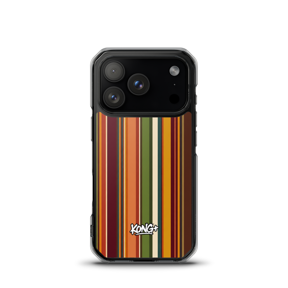KONG+ Retro Sunset MagSafe iPhone case with vintage vertical stripes in burnt orange, burgundy, mustard yellow, olive green and cream, featuring a KONG+ logo.