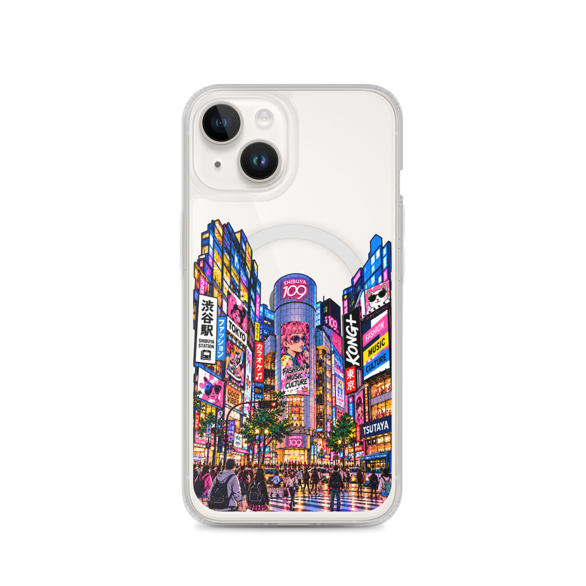 KONG+ Shibuya After Dark iPhone case with colourful Tokyo Shibuya night street artwork on a clear case
