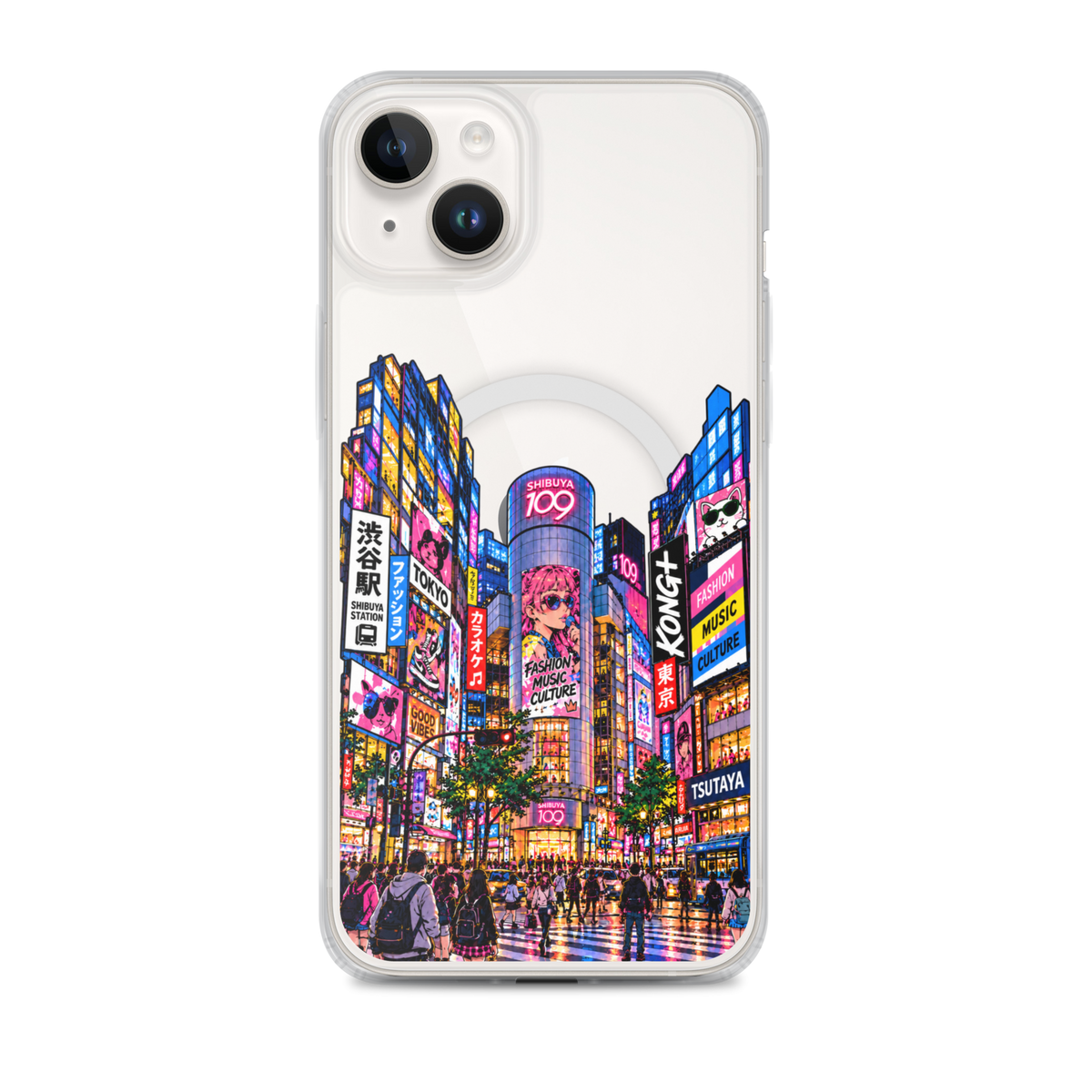 KONG+ Shibuya After Dark iPhone case with colourful Tokyo Shibuya night street artwork on a clear case