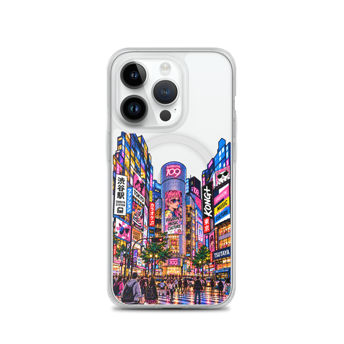 KONG+ Shibuya After Dark iPhone case with colourful Tokyo Shibuya night street artwork on a clear case