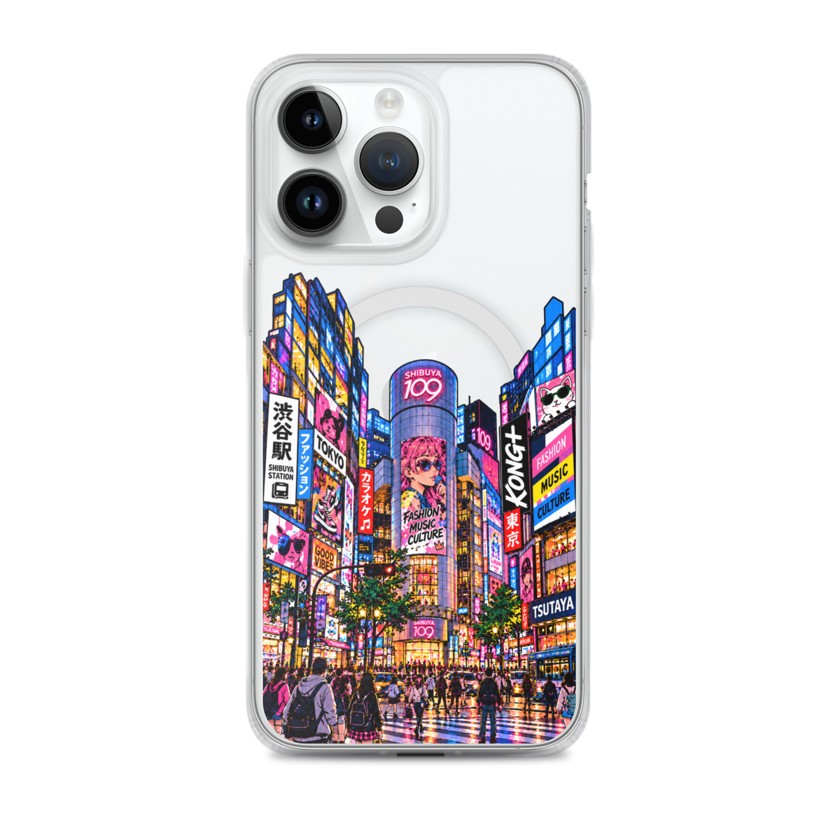 KONG+ Shibuya After Dark iPhone case with colourful Tokyo Shibuya night street artwork on a clear case
