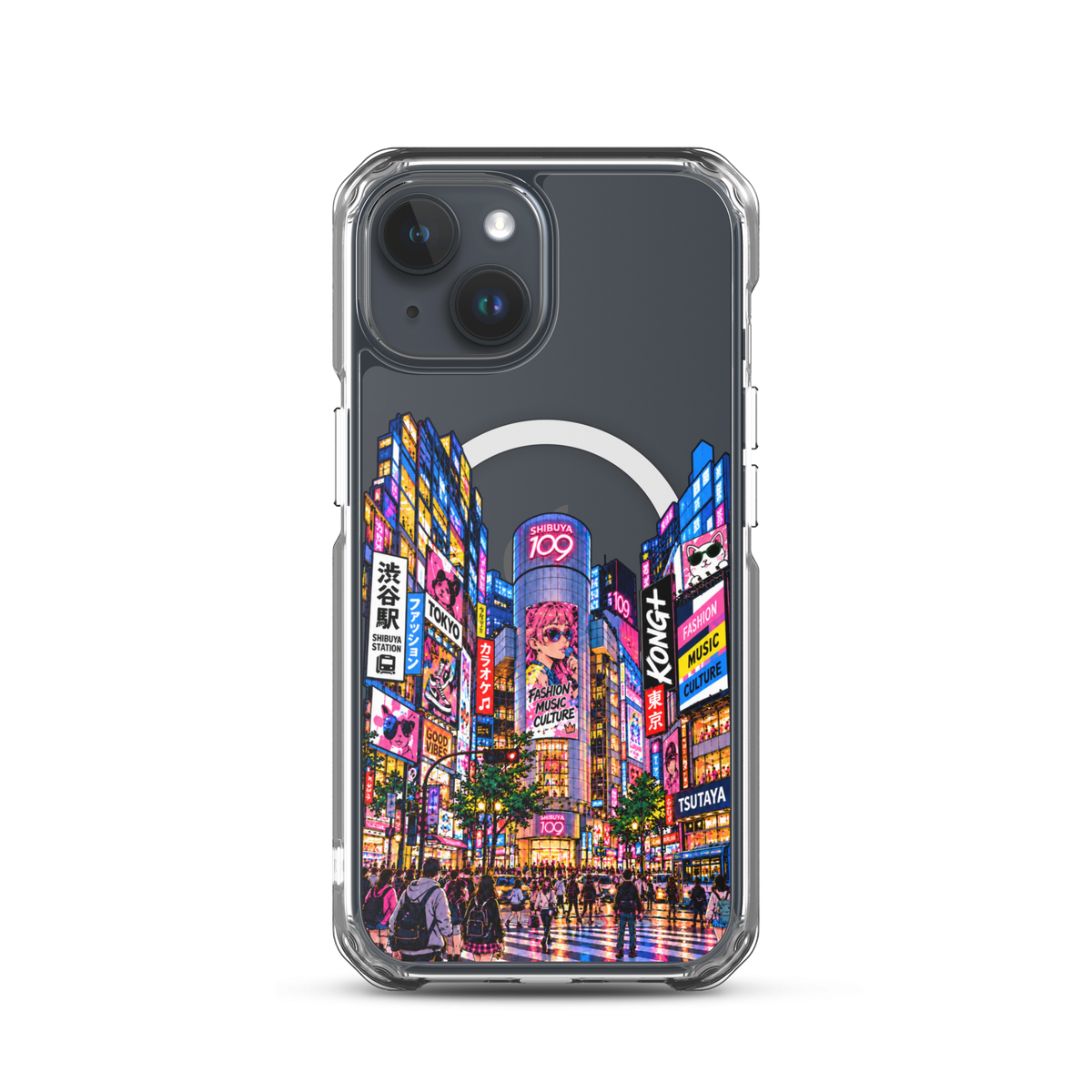 KONG+ Shibuya After Dark iPhone case with colourful Tokyo Shibuya night street artwork on a clear case