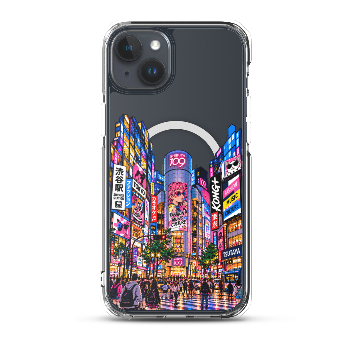 KONG+ Shibuya After Dark iPhone case with colourful Tokyo Shibuya night street artwork on a clear case