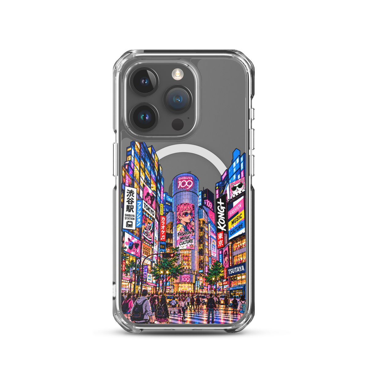 KONG+ Shibuya After Dark iPhone case with colourful Tokyo Shibuya night street artwork on a clear case
