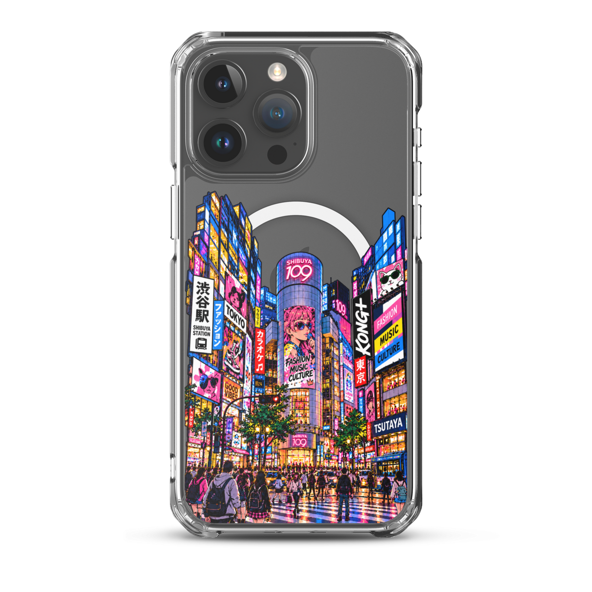 KONG+ Shibuya After Dark iPhone case with colourful Tokyo Shibuya night street artwork on a clear case