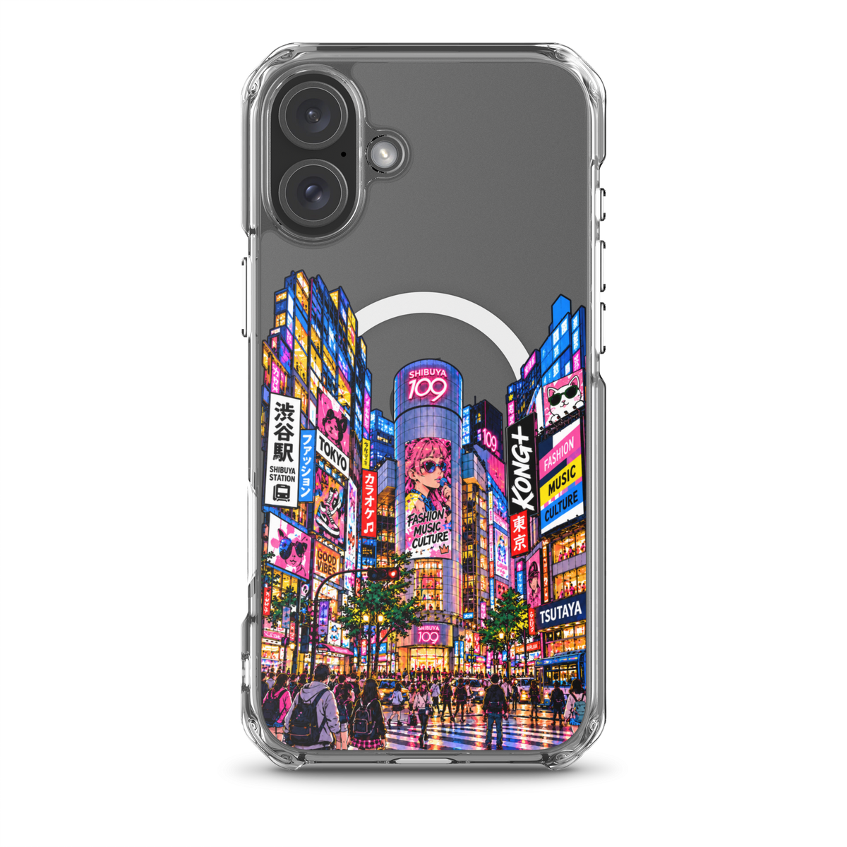 KONG+ Shibuya After Dark iPhone case with colourful Tokyo Shibuya night street artwork on a clear case