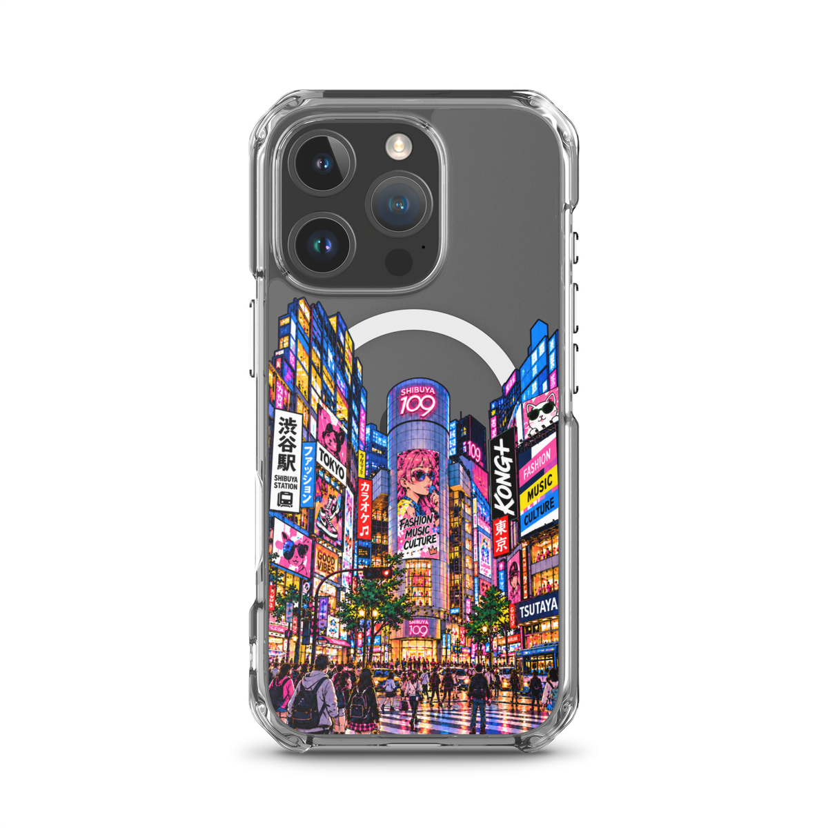 KONG+ Shibuya After Dark iPhone case with colourful Tokyo Shibuya night street artwork on a clear case