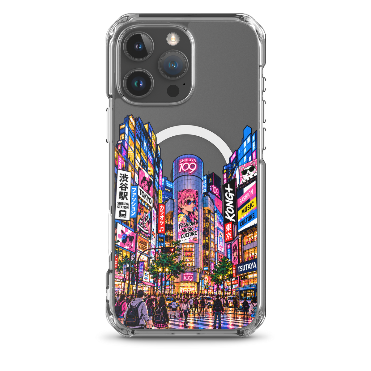 KONG+ Shibuya After Dark iPhone case with colourful Tokyo Shibuya night street artwork on a clear case