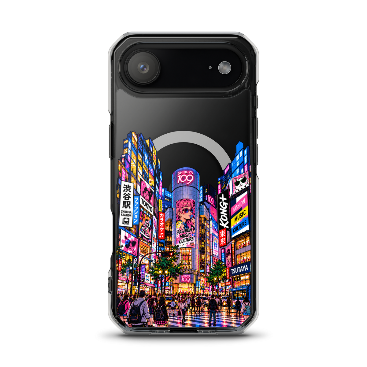 KONG+ Shibuya After Dark iPhone case with colourful Tokyo Shibuya night street artwork on a clear case
