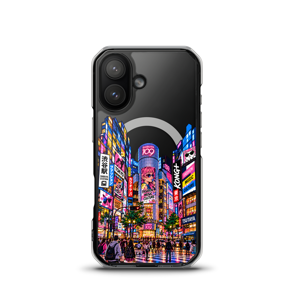 KONG+ Shibuya After Dark iPhone case with colourful Tokyo Shibuya night street artwork on a clear case