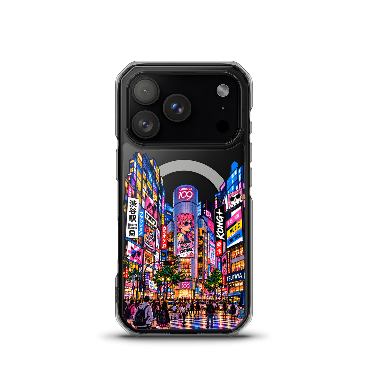 KONG+ Shibuya After Dark iPhone case with colourful Tokyo Shibuya night street artwork on a clear case
