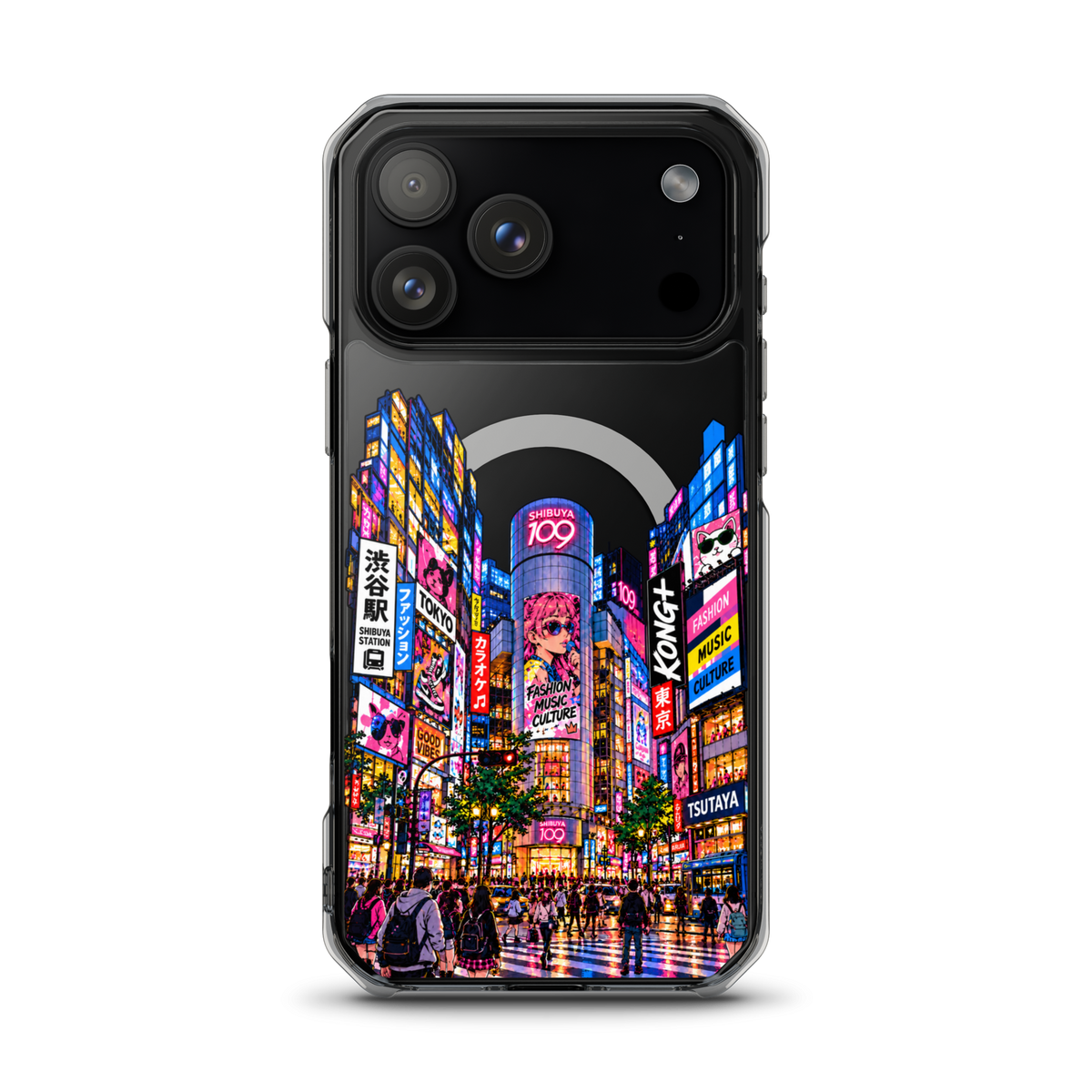 KONG+ Shibuya After Dark iPhone case with colourful Tokyo Shibuya night street artwork on a clear case
