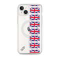 KONG+ Union Jack Repeated iPhone case featuring a vertical pattern of red, white and blue British flags on a black background with a white KONG+ logo.