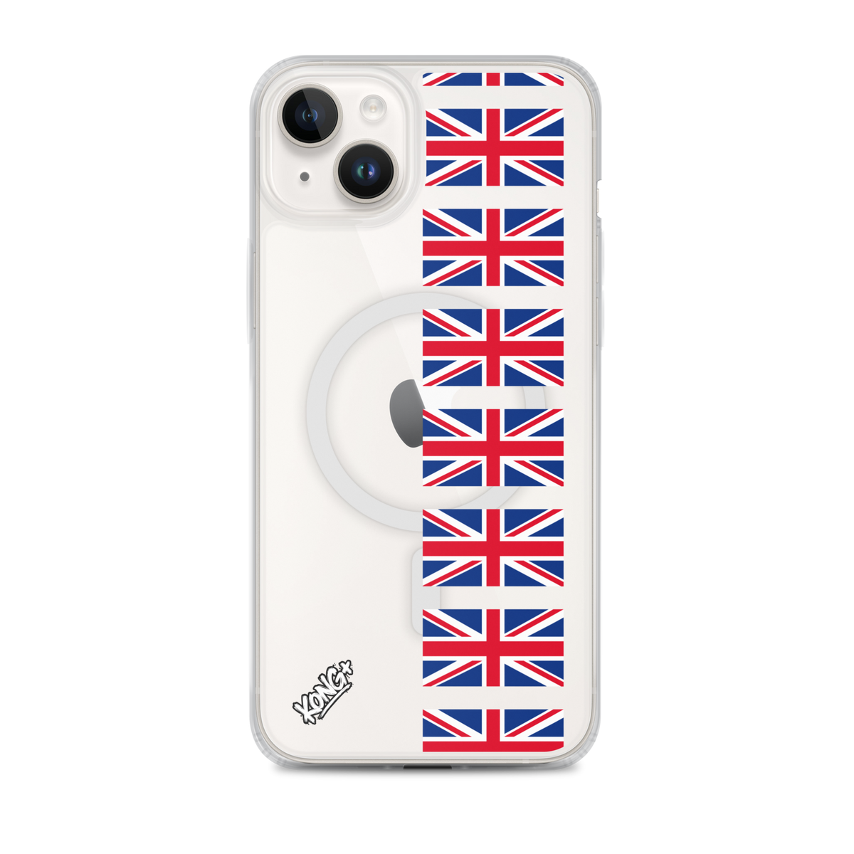 KONG+ Union Jack Repeated iPhone case featuring a vertical pattern of red, white and blue British flags on a black background with a white KONG+ logo.
