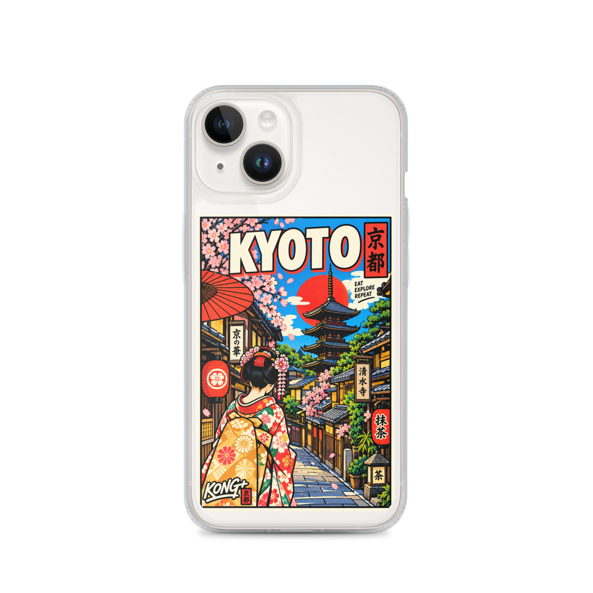 KONG+ Kyoto Days Japanese phone case featuring a colourful Kyoto street, traditional pagoda, lanterns, cherry blossoms and a woman wearing a kimono.