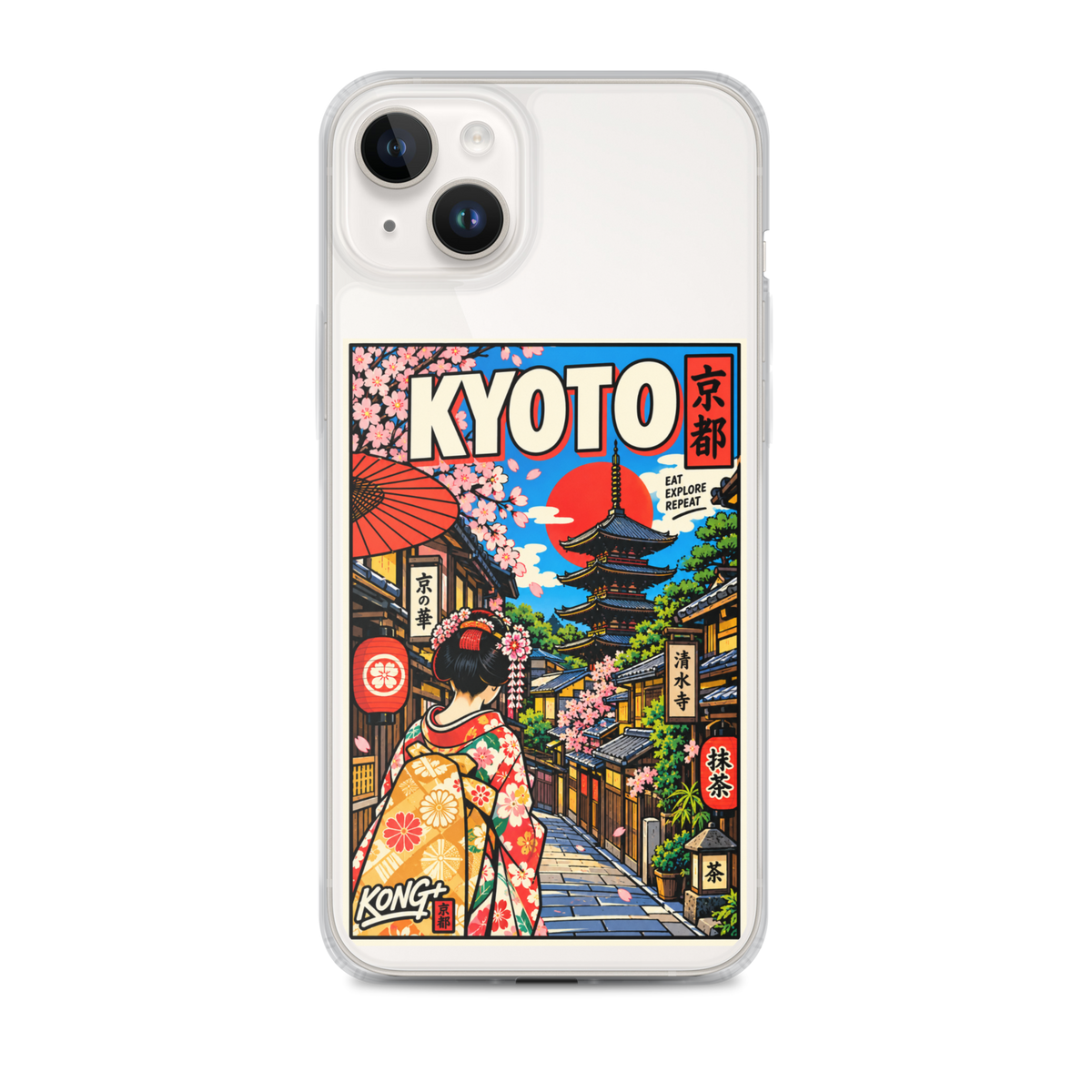 KONG+ Kyoto Days Japanese phone case featuring a colourful Kyoto street, traditional pagoda, lanterns, cherry blossoms and a woman wearing a kimono.