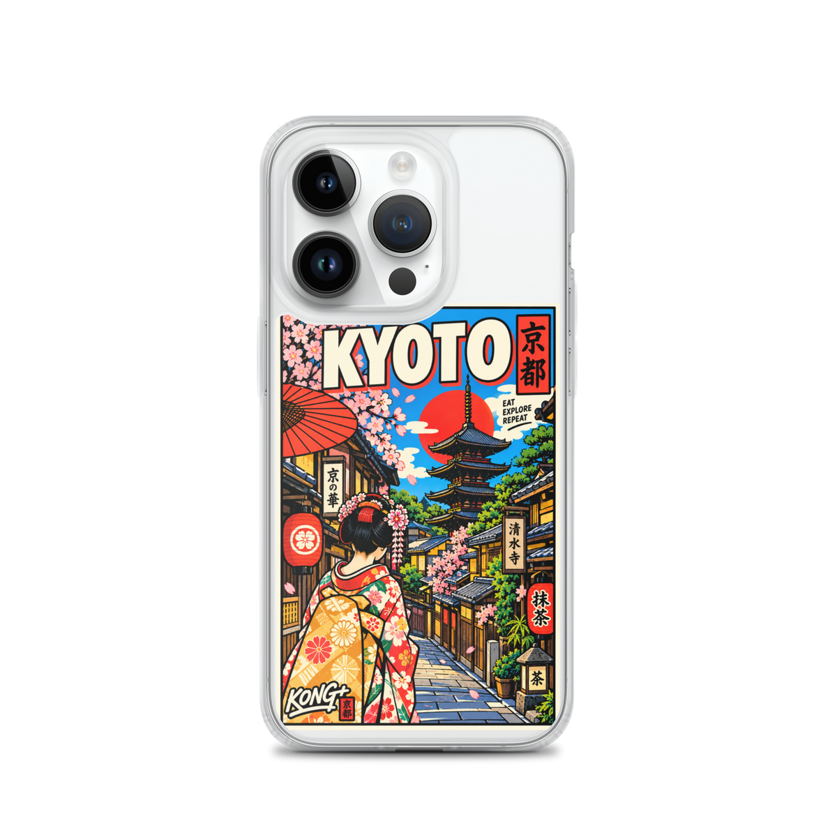 KONG+ Kyoto Days Japanese phone case featuring a colourful Kyoto street, traditional pagoda, lanterns, cherry blossoms and a woman wearing a kimono.